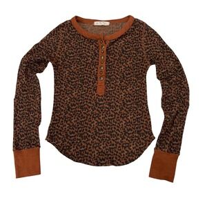 Free People We The Free Leopard Print Thermal Henley Top Brown Size XS EUC